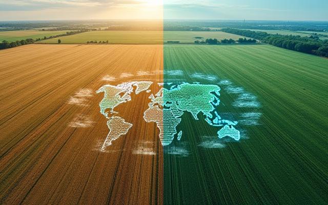 Larawan ng satellite view ng isang farm na may drone imagery overlay para sa pagsusuri